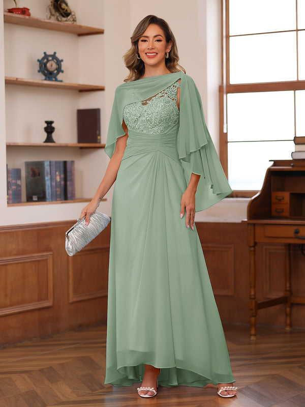 A-Line/Princess V-Neck Appliques Ruched Mother of the Bride Dresses with Cape