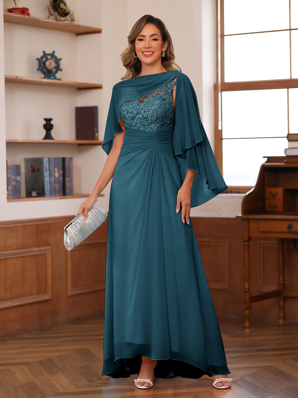 A-Line/Princess V-Neck Appliques Ruched Mother of the Bride Dresses with Cape