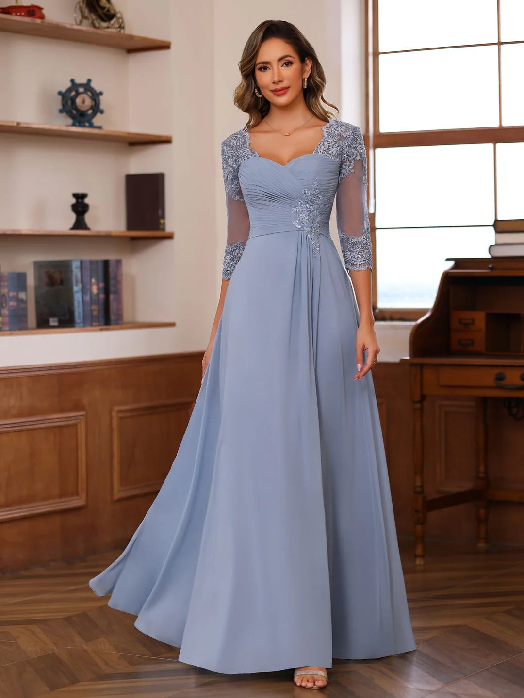A-Line/Princess Sweetheart Neck 3/4 Sleeves Floor-Length Mother Of The Bride Dresses With Ruffles &amp; Appliques
