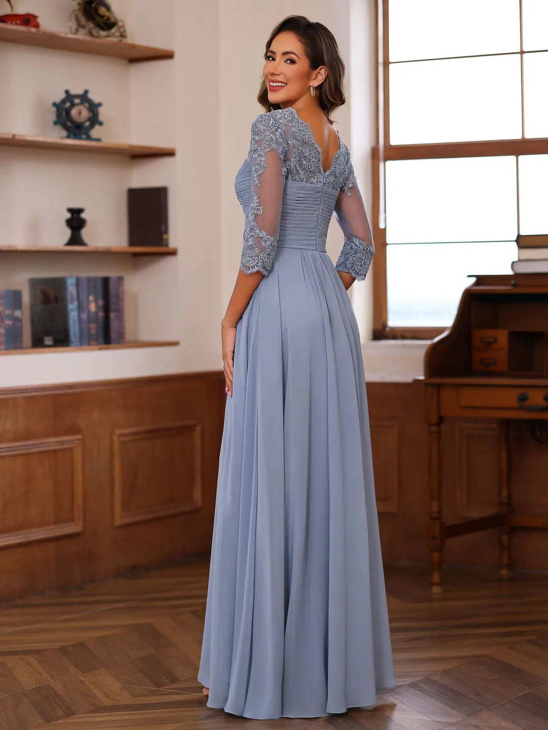 A-Line/Princess Sweetheart Neck 3/4 Sleeves Floor-Length Mother Of The Bride Dresses With Ruffles &amp; Appliques