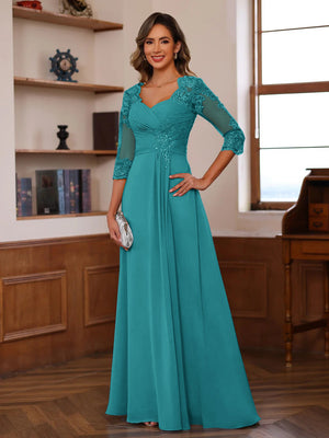 A-Line/Princess Sweetheart Neck 3/4 Sleeves Floor-Length Mother Of The Bride Dresses With Ruffles & Appliques