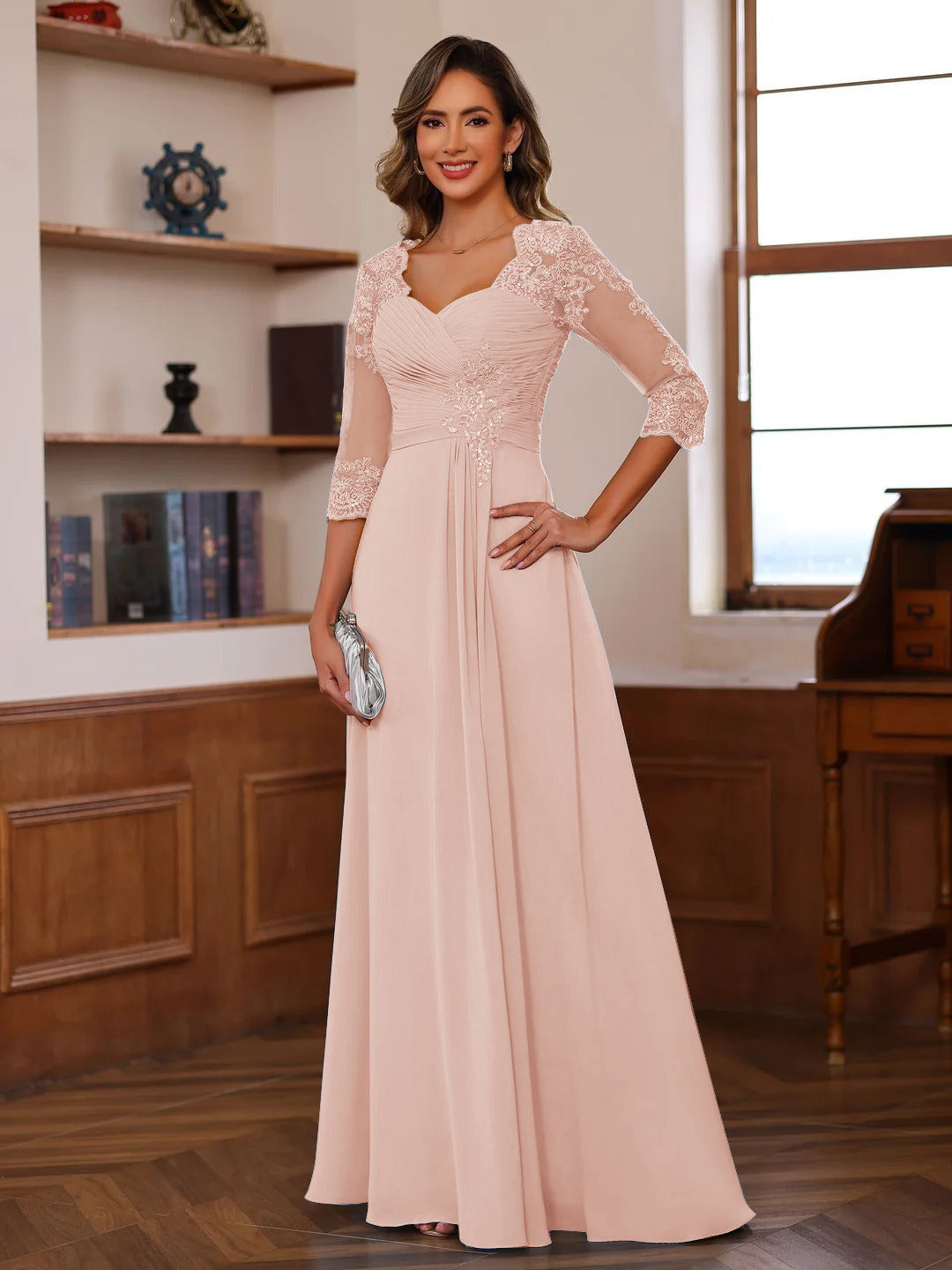 A-Line/Princess Sweetheart Neck 3/4 Sleeves Floor-Length Mother Of The Bride Dresses With Ruffles &amp; Appliques