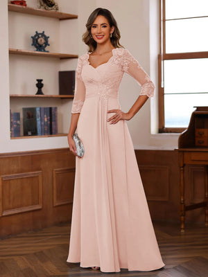 A-Line/Princess Sweetheart Neck 3/4 Sleeves Floor-Length Mother Of The Bride Dresses With Ruffles & Appliques