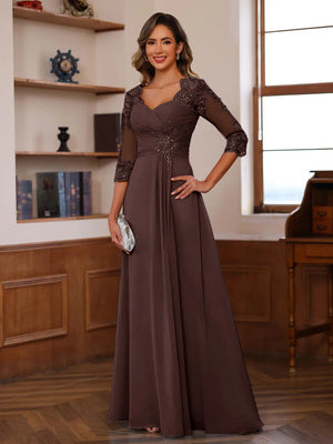 A-Line/Princess Sweetheart Neck 3/4 Sleeves Floor-Length Mother Of The Bride Dresses With Ruffles & Appliques