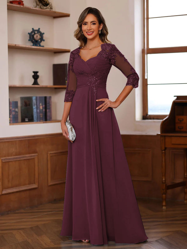 A-Line/Princess Sweetheart Neck 3/4 Sleeves Floor-Length Mother Of The Bride Dresses With Ruffles & Appliques