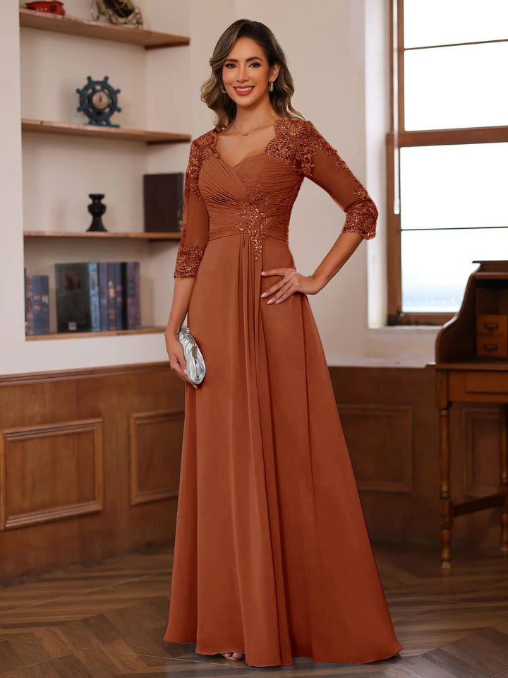 A-Line/Princess Sweetheart Neck 3/4 Sleeves Floor-Length Mother Of The Bride Dresses With Ruffles &amp; Appliques