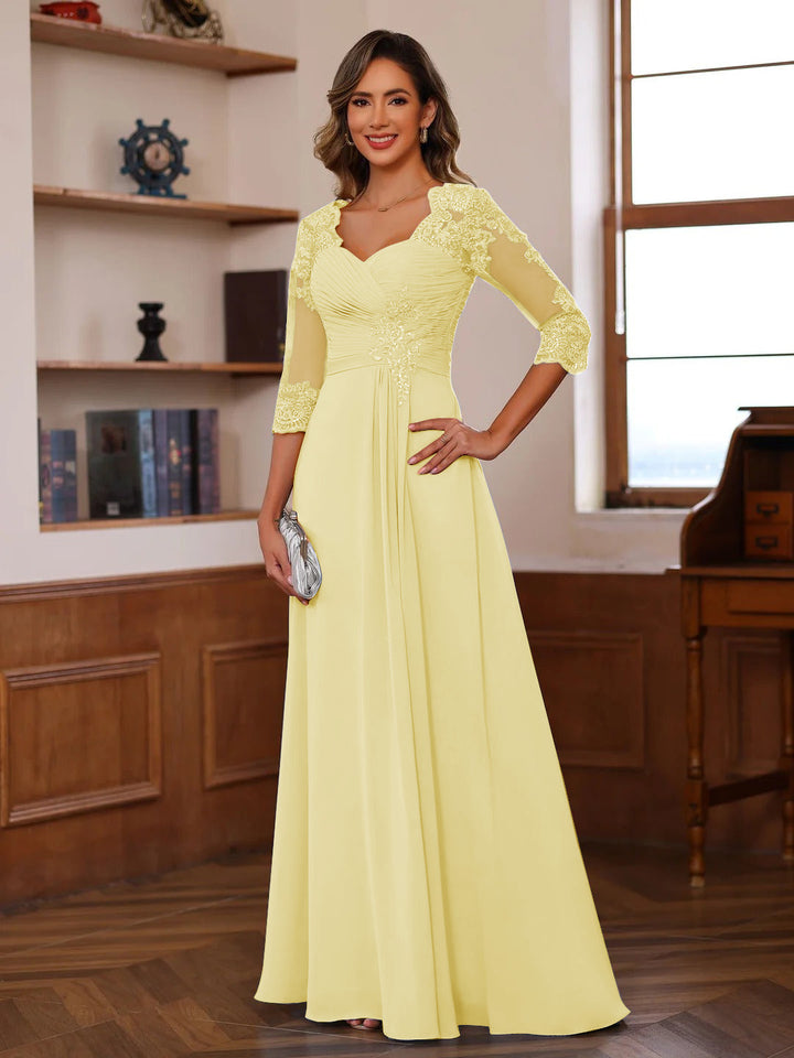 A-Line/Princess Sweetheart Neck 3/4 Sleeves Floor-Length Mother Of The Bride Dresses With Ruffles &amp; Appliques