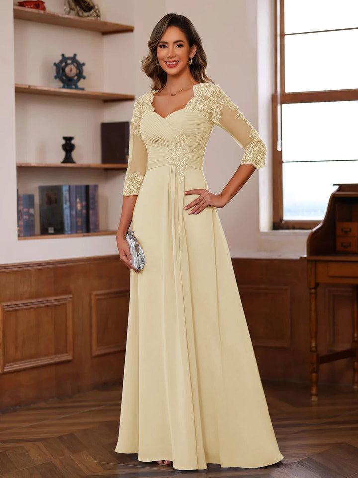 A-Line/Princess Sweetheart Neck 3/4 Sleeves Floor-Length Mother Of The Bride Dresses With Ruffles &amp; Appliques