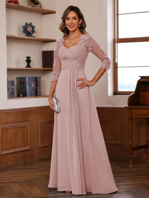 A-Line/Princess Sweetheart Neck 3/4 Sleeves Floor-Length Mother Of The Bride Dresses With Ruffles & Appliques