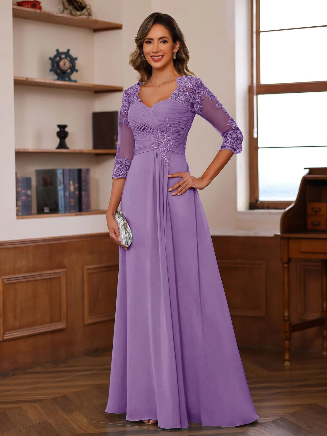 A-Line/Princess Sweetheart Neck 3/4 Sleeves Floor-Length Mother Of The Bride Dresses With Ruffles &amp; Appliques