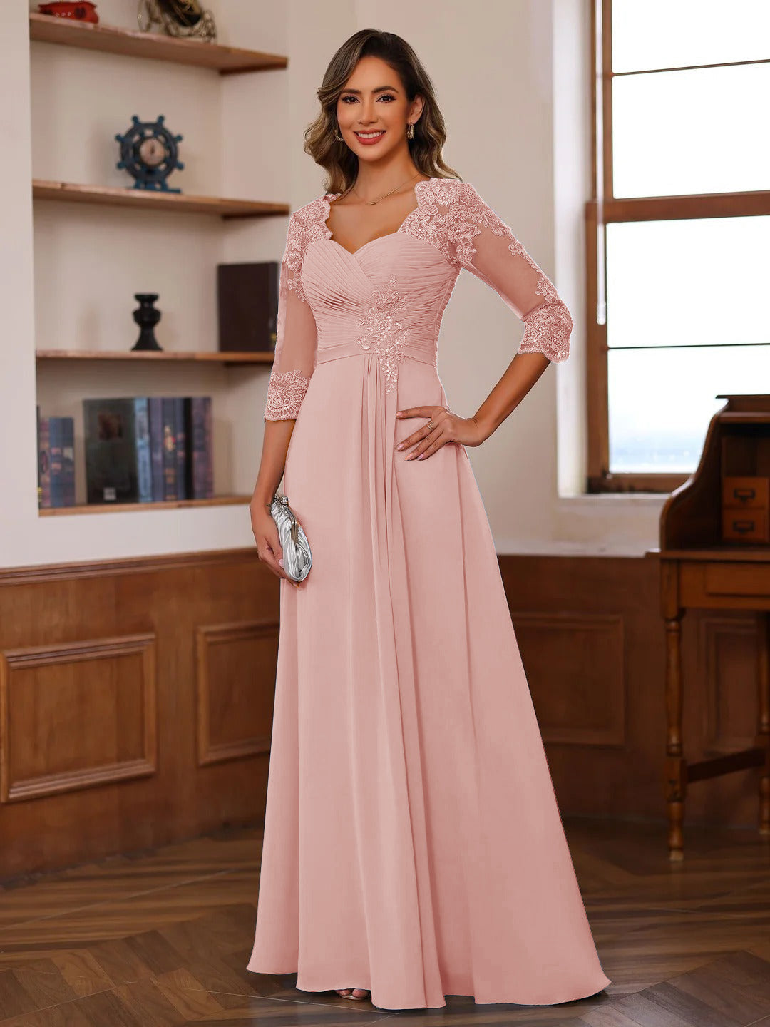 A-Line/Princess Sweetheart Neck 3/4 Sleeves Floor-Length Mother Of The Bride Dresses With Ruffles &amp; Appliques