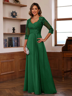 A-Line/Princess Sweetheart Neck 3/4 Sleeves Floor-Length Mother Of The Bride Dresses With Ruffles & Appliques