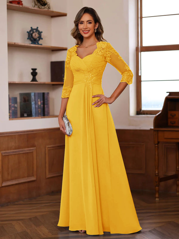 A-Line/Princess Sweetheart Neck 3/4 Sleeves Floor-Length Mother Of The Bride Dresses With Ruffles & Appliques