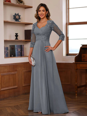 A-Line/Princess Sweetheart Neck 3/4 Sleeves Floor-Length Mother Of The Bride Dresses With Ruffles & Appliques