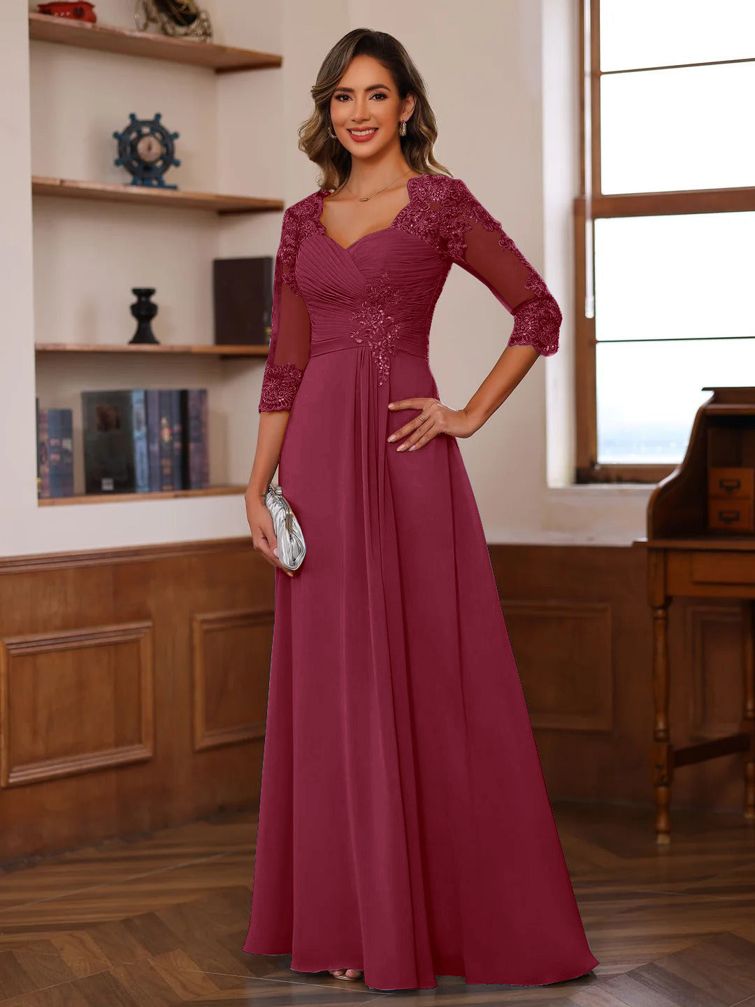 A-Line/Princess Sweetheart Neck 3/4 Sleeves Floor-Length Mother Of The Bride Dresses With Ruffles &amp; Appliques