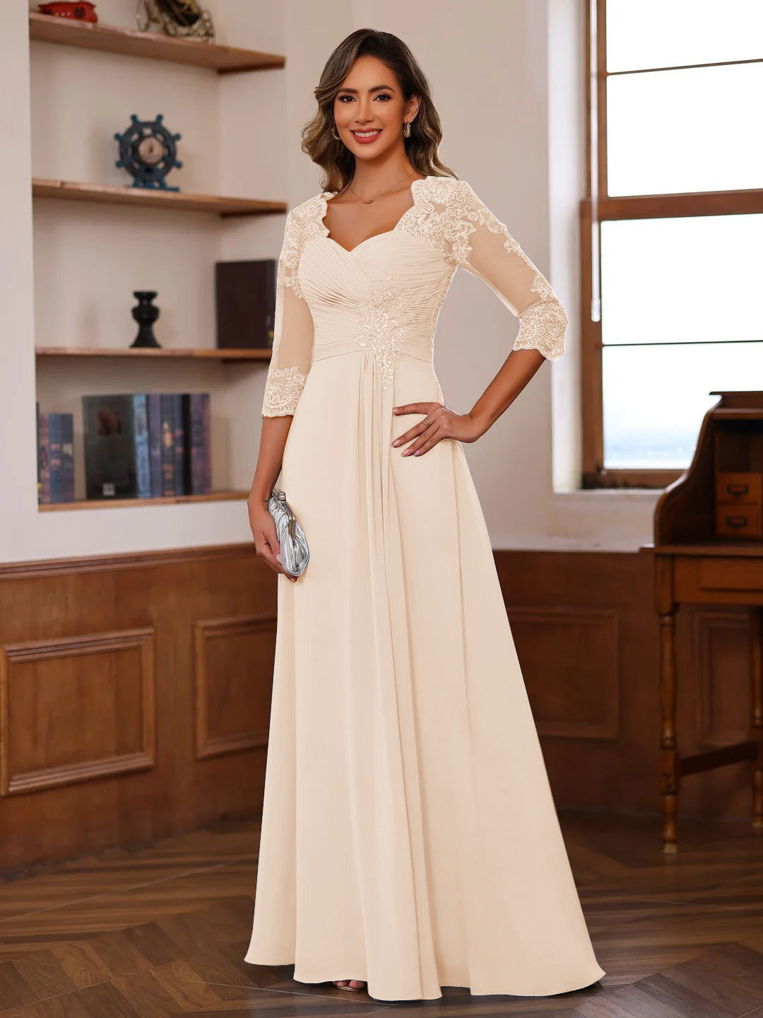A-Line/Princess Sweetheart Neck 3/4 Sleeves Floor-Length Mother Of The Bride Dresses With Ruffles &amp; Appliques