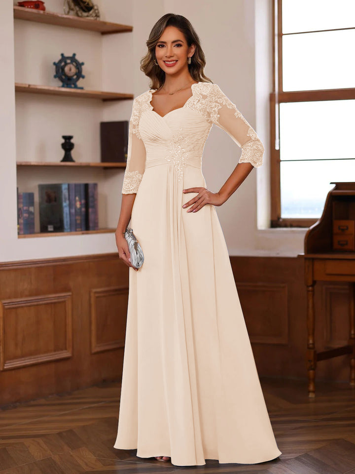 A-Line/Princess Sweetheart Neck 3/4 Sleeves Floor-Length Mother Of The Bride Dresses With Ruffles &amp; Appliques