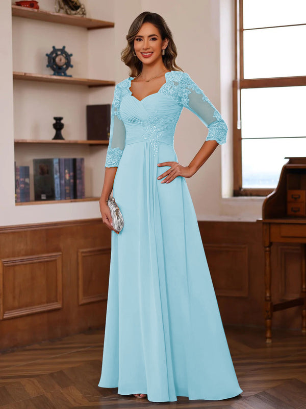 A-Line/Princess Sweetheart Neck 3/4 Sleeves Floor-Length Mother Of The Bride Dresses With Ruffles & Appliques