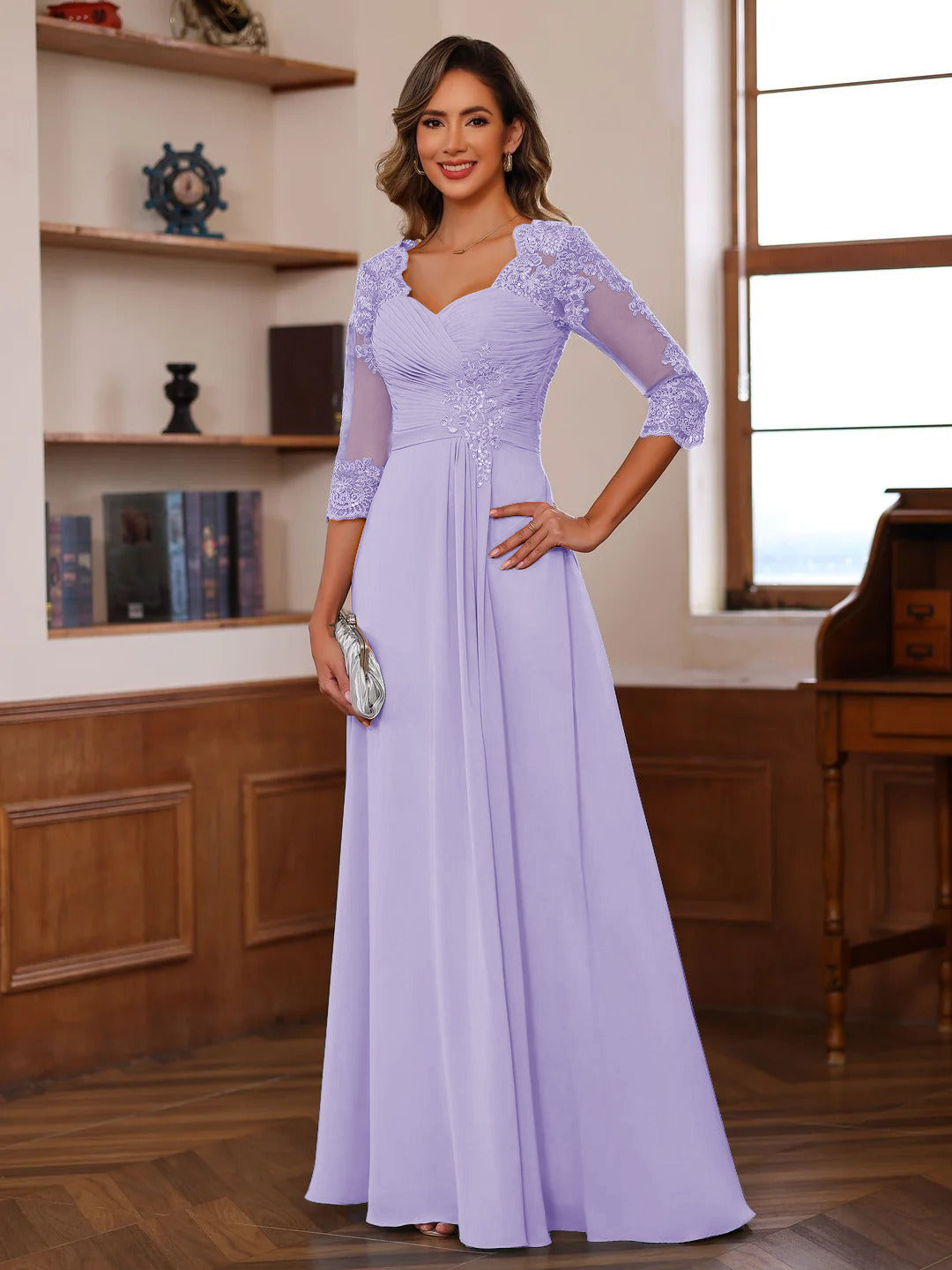 A-Line/Princess Sweetheart Neck 3/4 Sleeves Floor-Length Mother Of The Bride Dresses With Ruffles &amp; Appliques