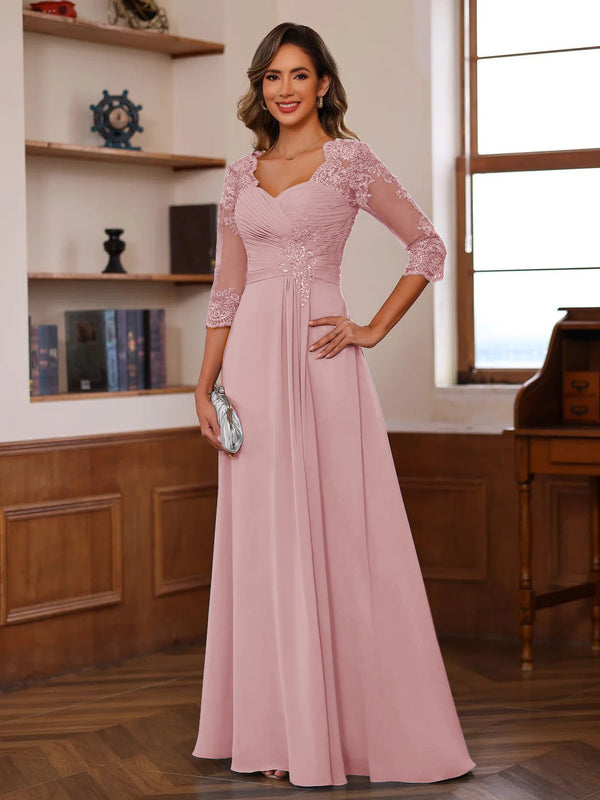 A-Line/Princess Sweetheart Neck 3/4 Sleeves Floor-Length Mother Of The Bride Dresses With Ruffles & Appliques