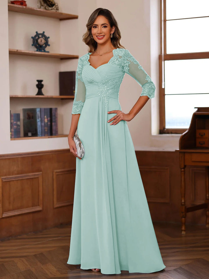 A-Line/Princess Sweetheart Neck 3/4 Sleeves Floor-Length Mother Of The Bride Dresses With Ruffles &amp; Appliques