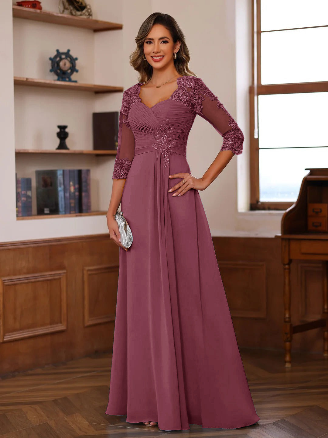 A-Line/Princess Sweetheart Neck 3/4 Sleeves Floor-Length Mother Of The Bride Dresses With Ruffles &amp; Appliques