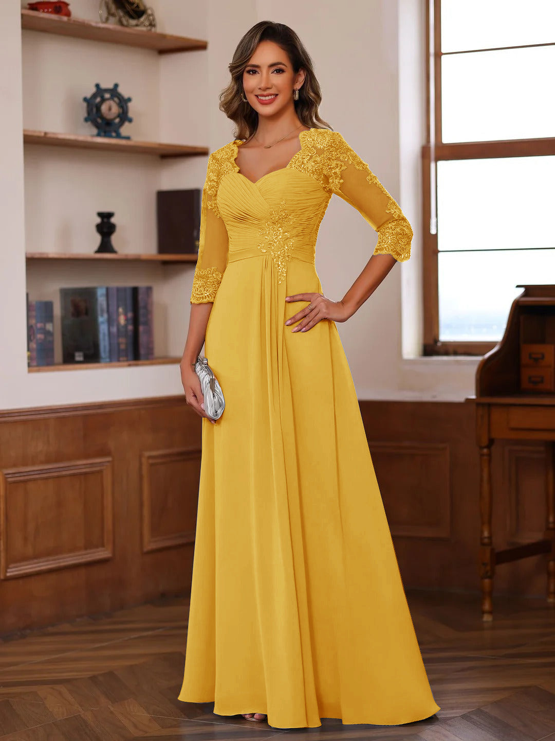 A-Line/Princess Sweetheart Neck 3/4 Sleeves Floor-Length Mother Of The Bride Dresses With Ruffles &amp; Appliques