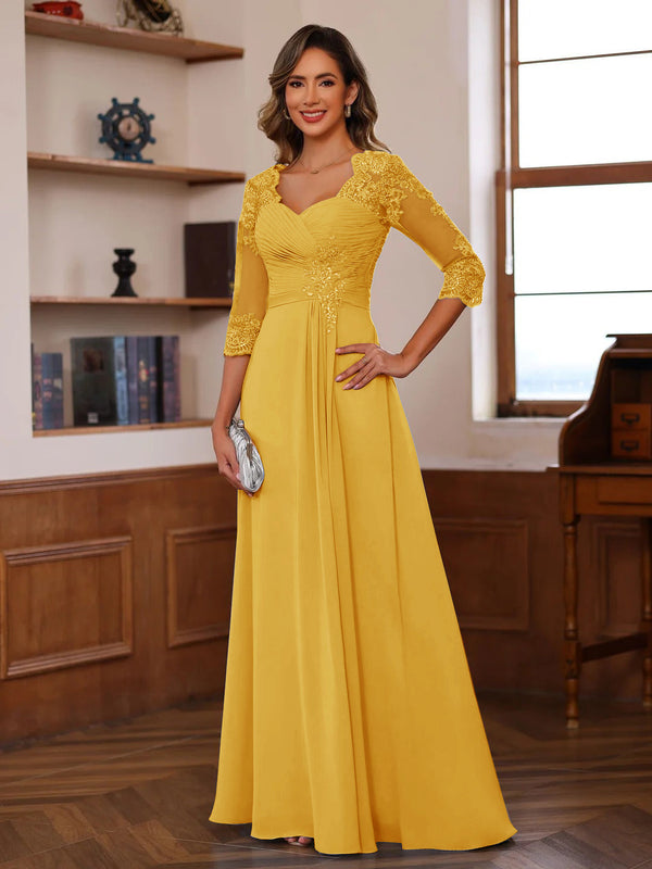 A-Line/Princess Sweetheart Neck 3/4 Sleeves Floor-Length Mother Of The Bride Dresses With Ruffles & Appliques