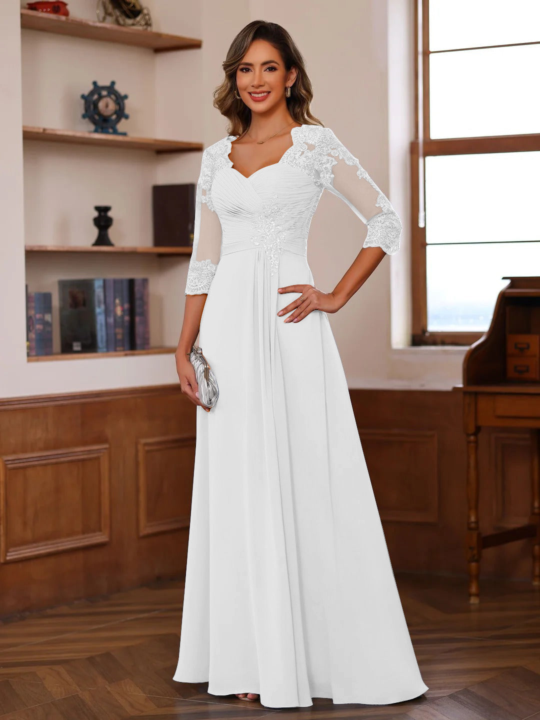 A-Line/Princess Sweetheart Neck 3/4 Sleeves Floor-Length Mother Of The Bride Dresses With Ruffles &amp; Appliques