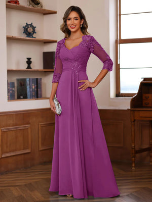 A-Line/Princess Sweetheart Neck 3/4 Sleeves Floor-Length Mother Of The Bride Dresses With Ruffles & Appliques