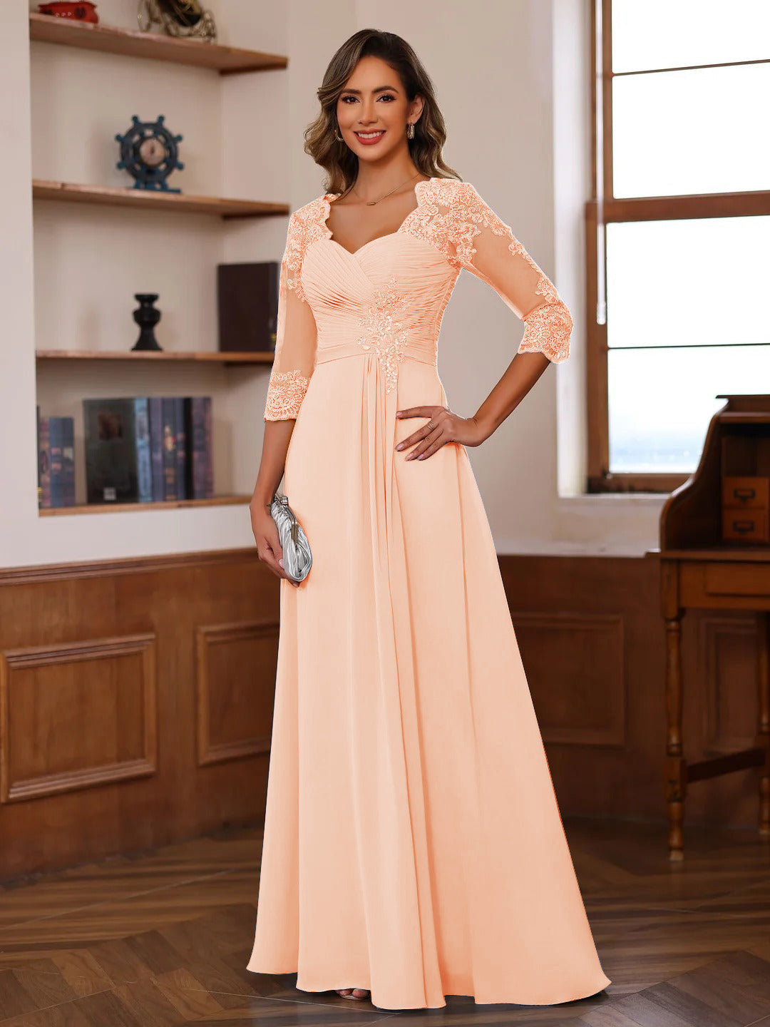 A-Line/Princess Sweetheart Neck 3/4 Sleeves Floor-Length Mother Of The Bride Dresses With Ruffles &amp; Appliques