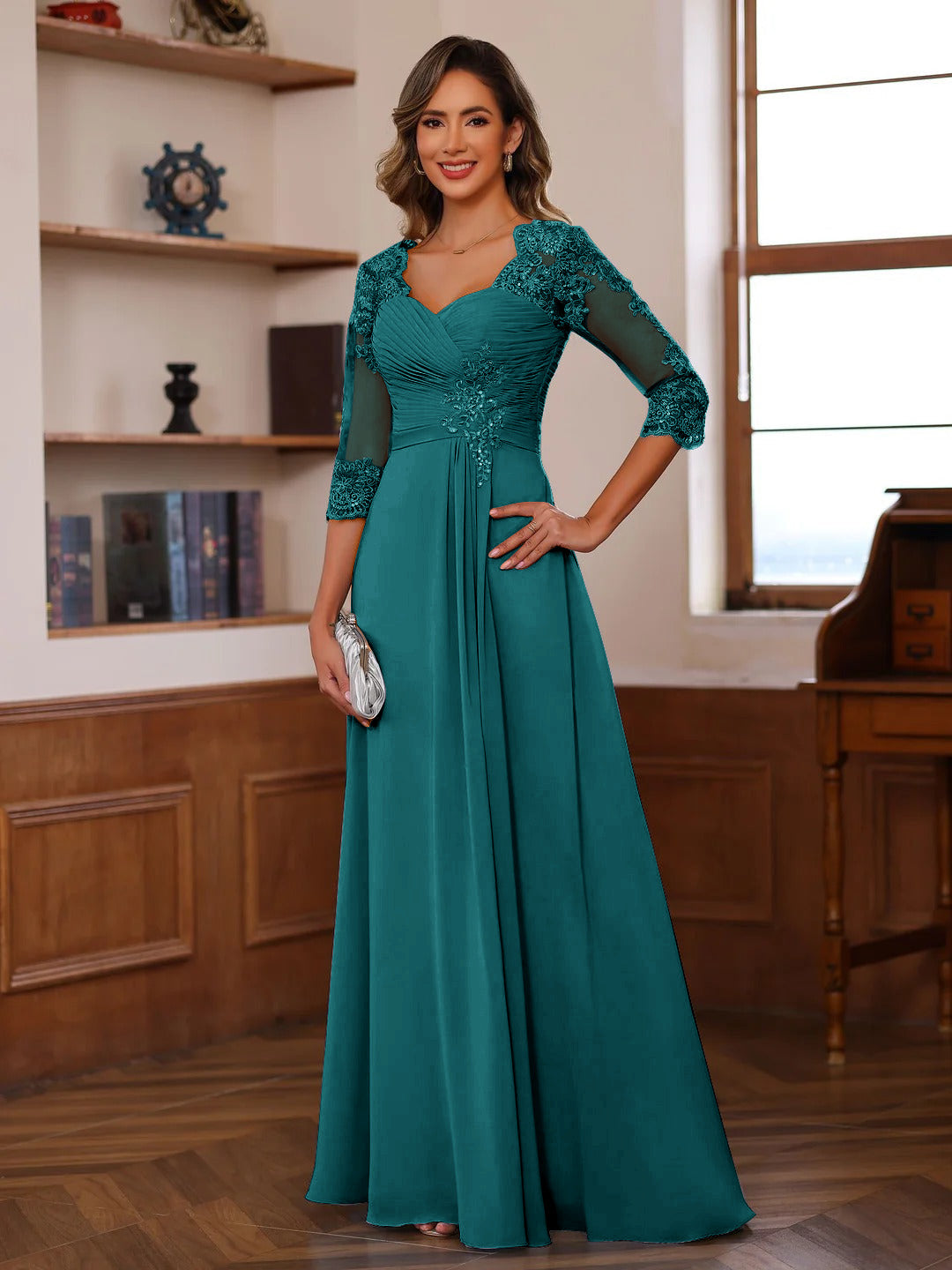A-Line/Princess Sweetheart Neck 3/4 Sleeves Floor-Length Mother Of The Bride Dresses With Ruffles &amp; Appliques