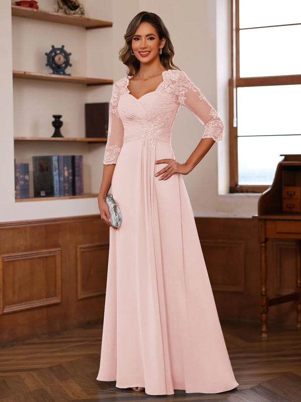 A-Line/Princess Sweetheart Neck 3/4 Sleeves Floor-Length Mother Of The Bride Dresses With Ruffles & Appliques
