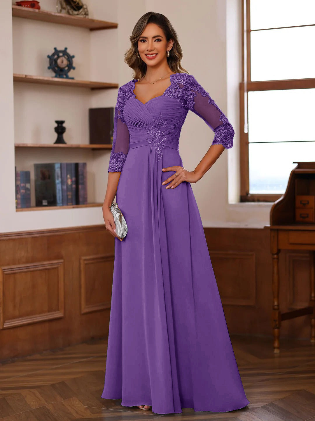 A-Line/Princess Sweetheart Neck 3/4 Sleeves Floor-Length Mother Of The Bride Dresses With Ruffles &amp; Appliques