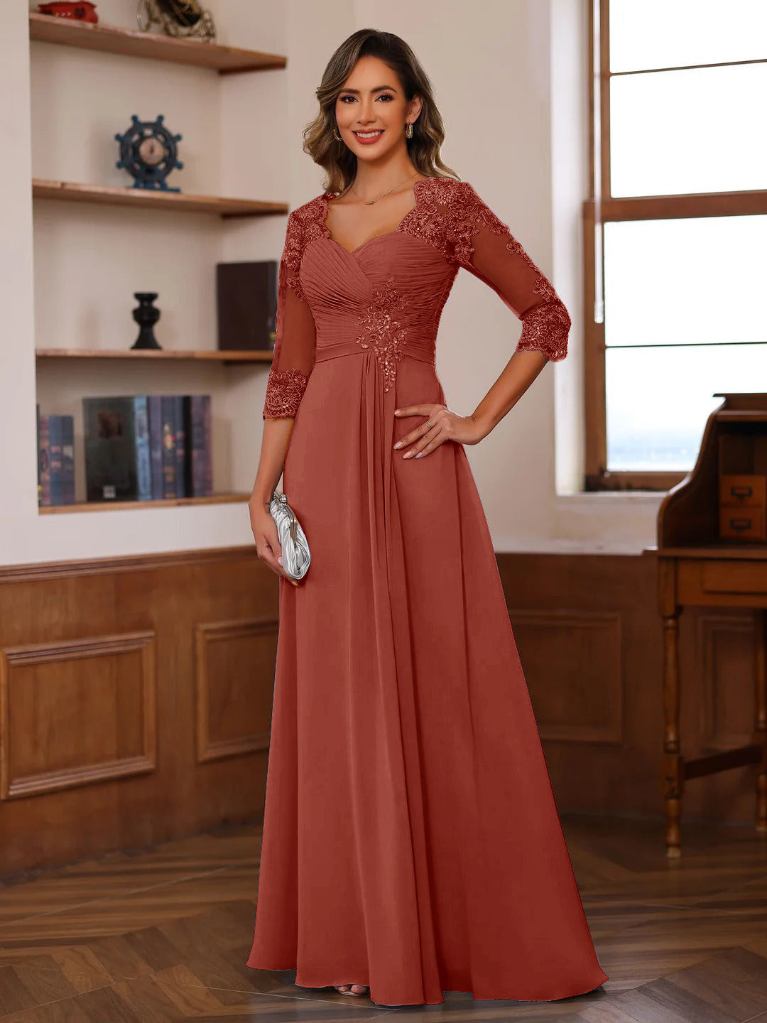 A-Line/Princess Sweetheart Neck 3/4 Sleeves Floor-Length Mother Of The Bride Dresses With Ruffles &amp; Appliques