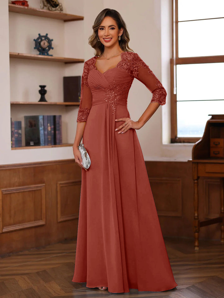 A-Line/Princess Sweetheart Neck 3/4 Sleeves Floor-Length Mother Of The Bride Dresses With Ruffles &amp; Appliques