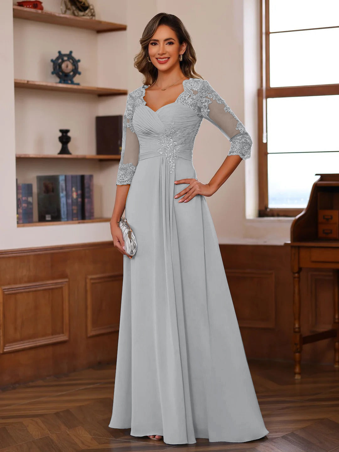 A-Line/Princess Sweetheart Neck 3/4 Sleeves Floor-Length Mother Of The Bride Dresses With Ruffles &amp; Appliques