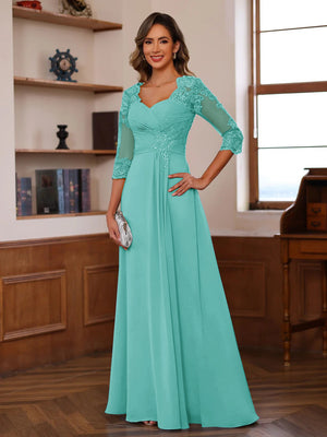 A-Line/Princess Sweetheart Neck 3/4 Sleeves Floor-Length Mother Of The Bride Dresses With Ruffles & Appliques