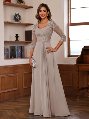 A-Line/Princess Sweetheart Neck 3/4 Sleeves Floor-Length Mother Of The Bride Dresses With Ruffles & Appliques