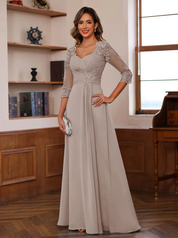 A-Line/Princess Sweetheart Neck 3/4 Sleeves Floor-Length Mother Of The Bride Dresses With Ruffles & Appliques