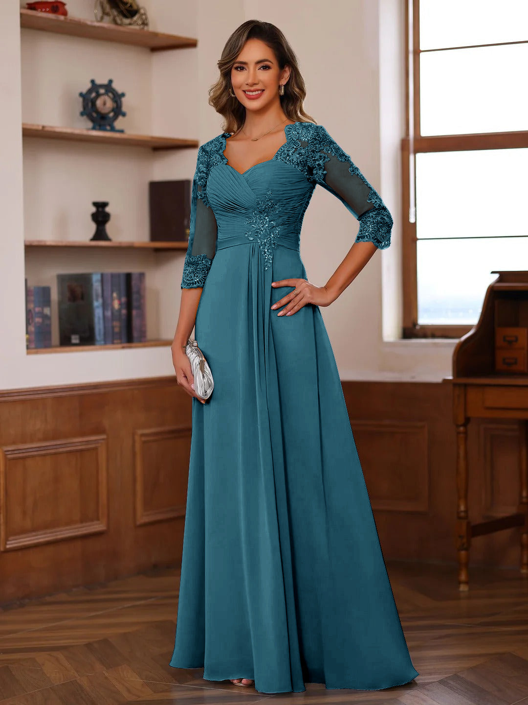 A-Line/Princess Sweetheart Neck 3/4 Sleeves Floor-Length Mother Of The Bride Dresses With Ruffles &amp; Appliques