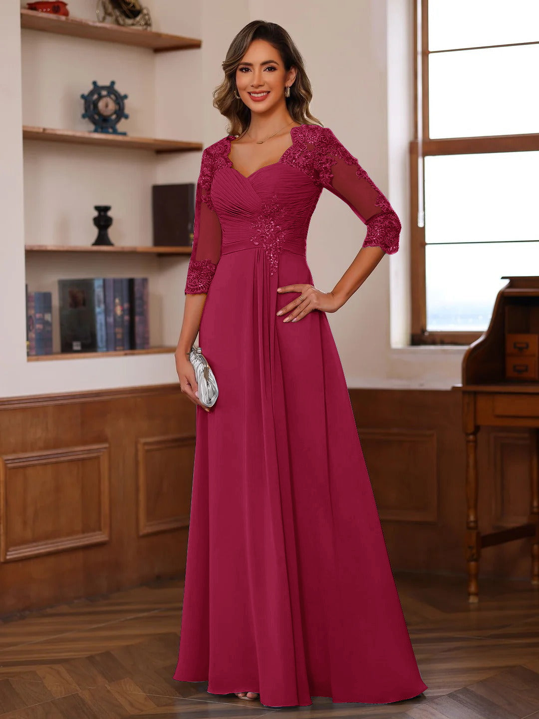A-Line/Princess Sweetheart Neck 3/4 Sleeves Floor-Length Mother Of The Bride Dresses With Ruffles &amp; Appliques