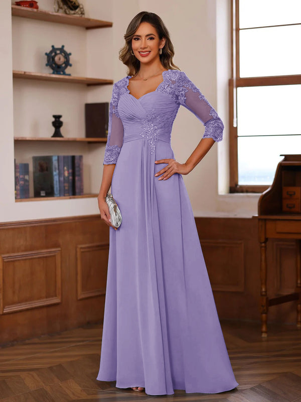 A-Line/Princess Sweetheart Neck 3/4 Sleeves Floor-Length Mother Of The Bride Dresses With Ruffles & Appliques