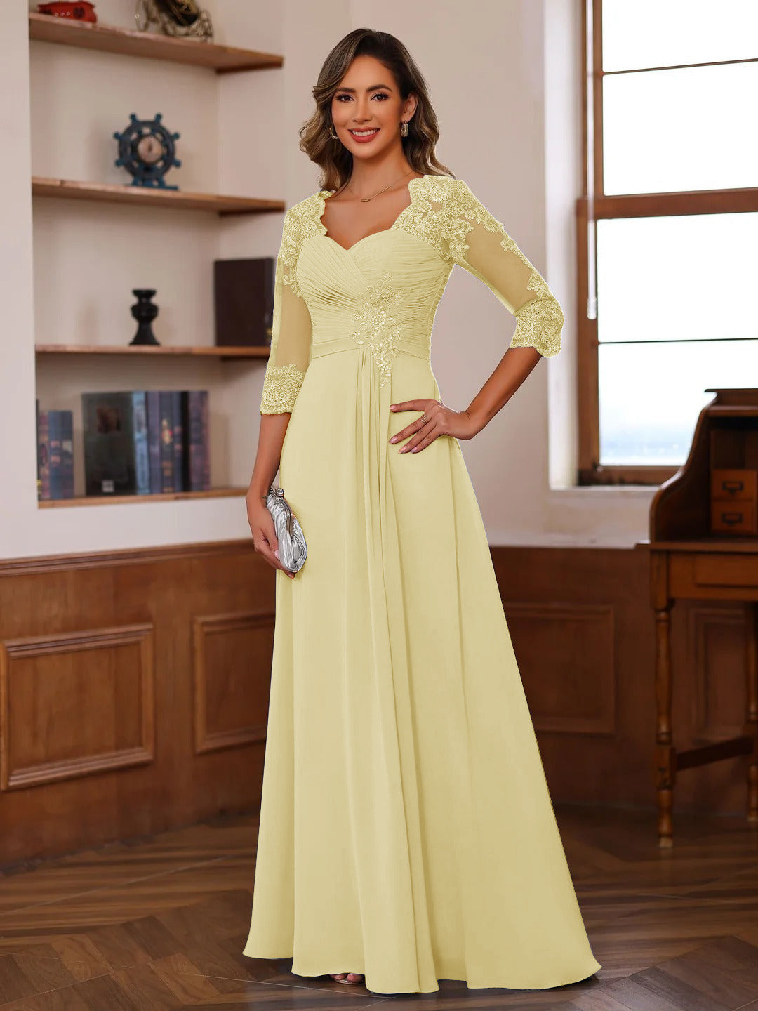 A-Line/Princess Sweetheart Neck 3/4 Sleeves Floor-Length Mother Of The Bride Dresses With Ruffles &amp; Appliques