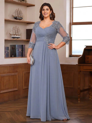 A-Line/Princess Sweetheart Neck 3/4 Sleeves Floor-Length Plus Size Mother Of The Bride Dresses With Ruffles & Appliques