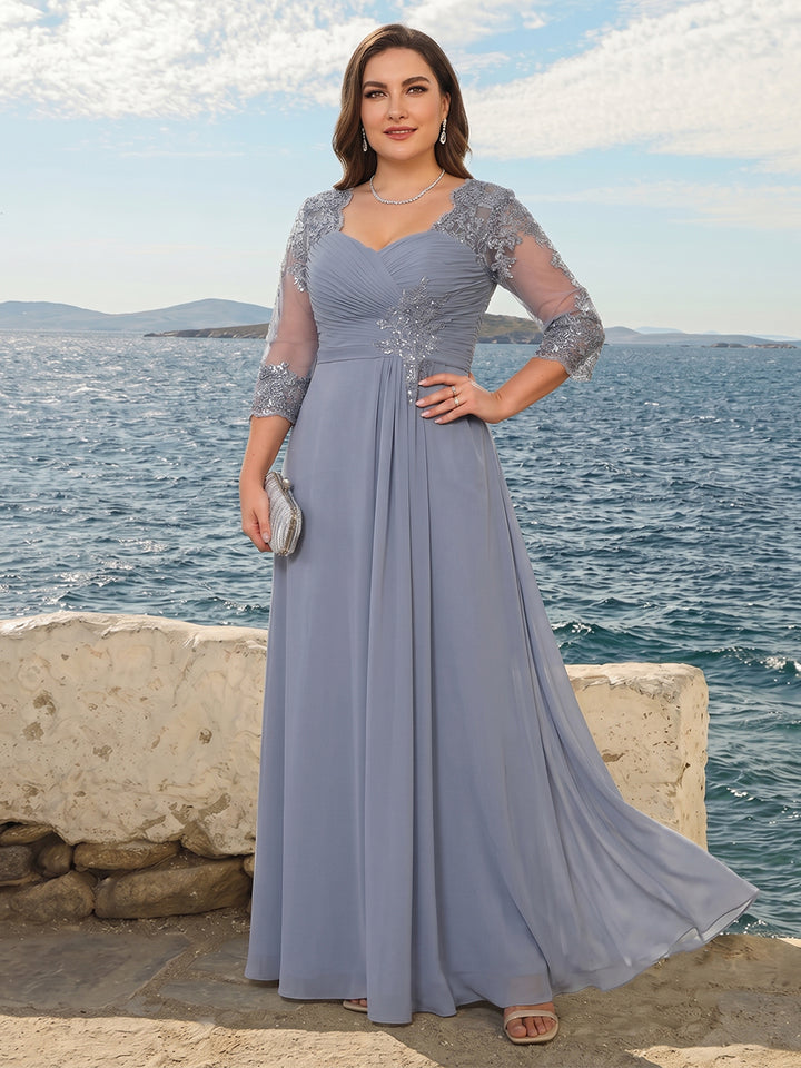 A-Line/Princess Sweetheart Neck 3/4 Sleeves Floor-Length Plus Size Mother Of The Bride Dresses With Ruffles &amp; Appliques