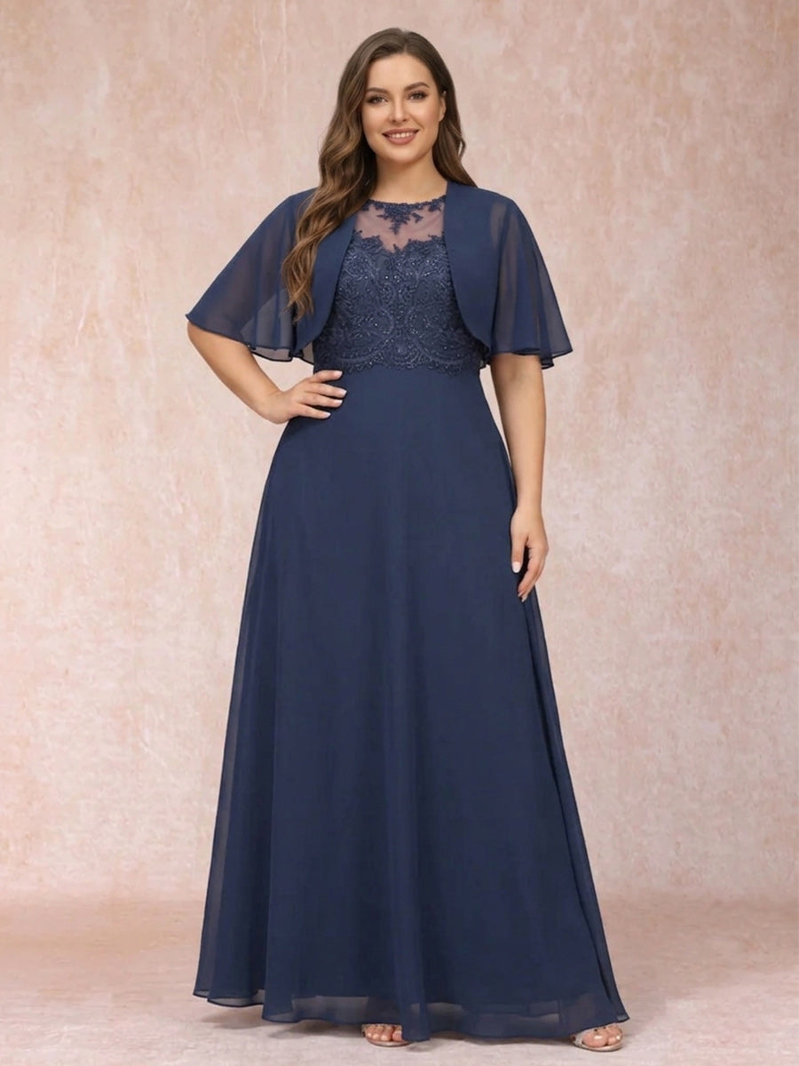 2026 Mother of the Groom Dresses Navy Blue Chiffon A-Line Scoop Flutter Sleeves Long Plus Size Formal Evening Gowns with Appliques & Jacket