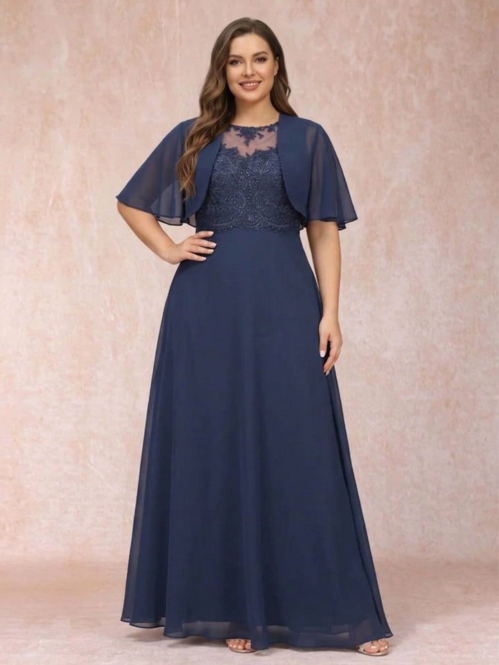 A-Line Chiffon Long Plus Size Mother of the Bride Dresses with Jacket &amp; Appliques
