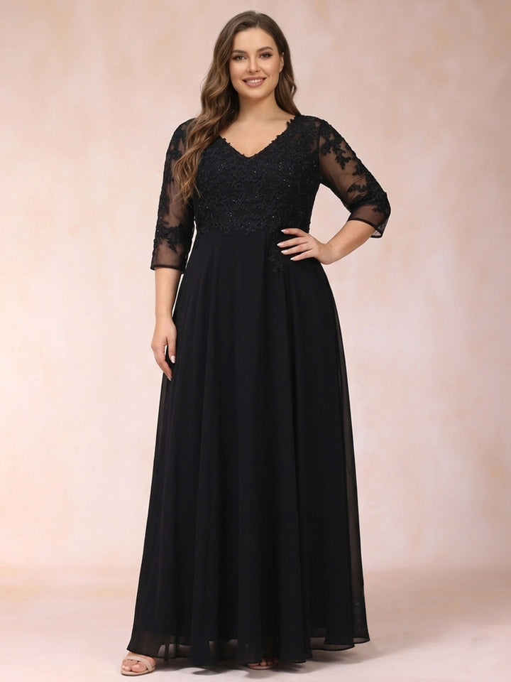 A-Line/Princess V-Neck 3/4 Sleeves Long Formal Plus Size Evening Dresses with Beading &amp; Appliques