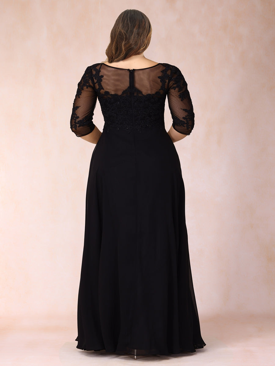 A-Line/Princess V-Neck 3/4 Sleeves Long Formal Plus Size Evening Dresses with Beading & Appliques